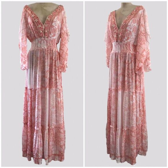 Anthropologie Me 2 Magic Pink V Neck Short Flutter Sleeve Printed Maxi Dress - L - Picture 1 of 10